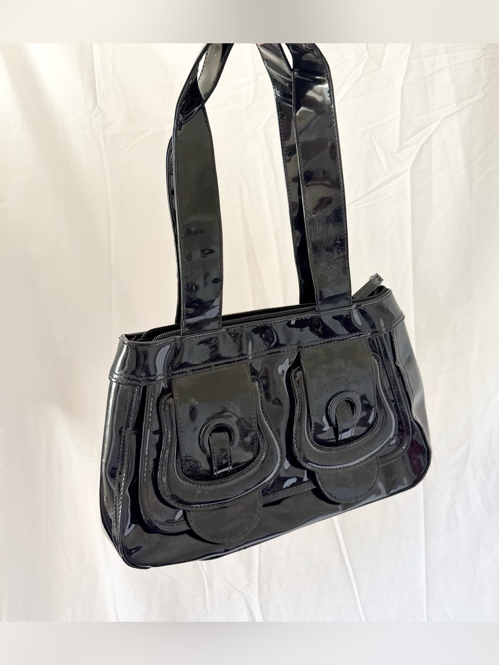 Black Patent Shoulder Bag with Front Flap Pockets